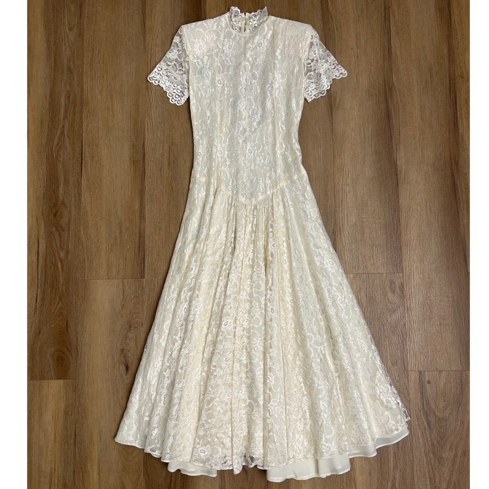 Vtg Ivory Lace drop waist Mock Neck maxi gown Dress Bride 4 Nicole miller formal